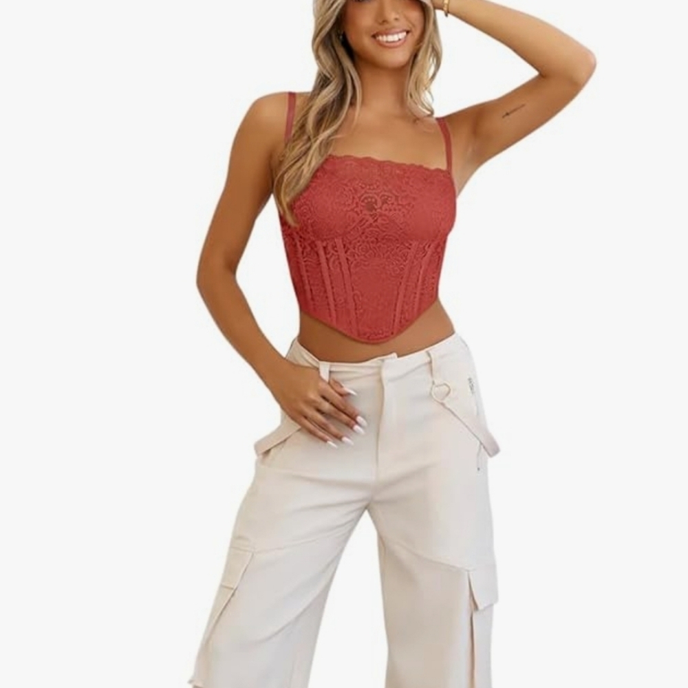 New Womens Sexy Strap Zip Back Boned Bustier Builtin Bra Pushup Corset Tank Top